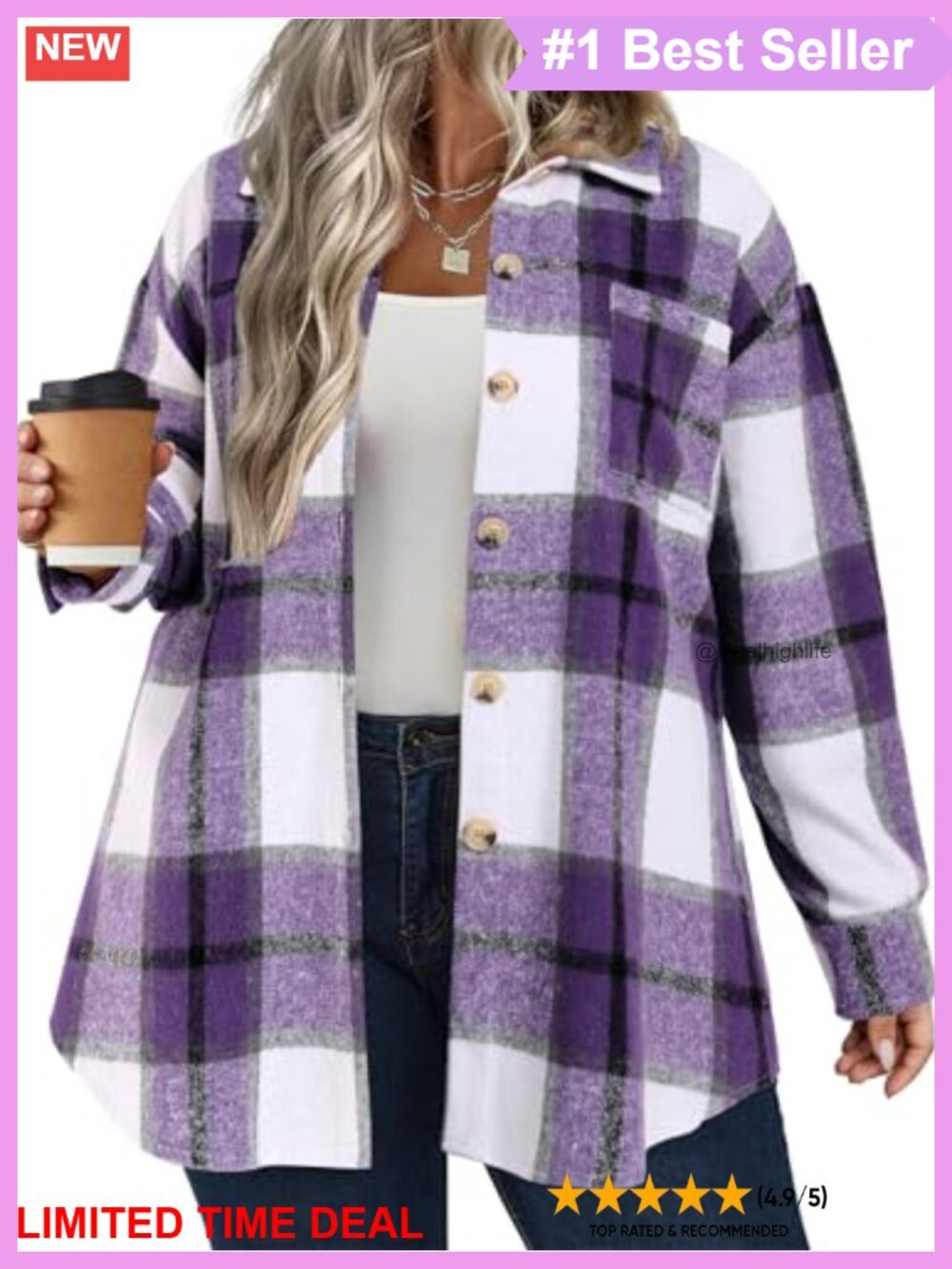 Plus Size Plaid Shacket Long Sleeve Button Front Casual Jacket